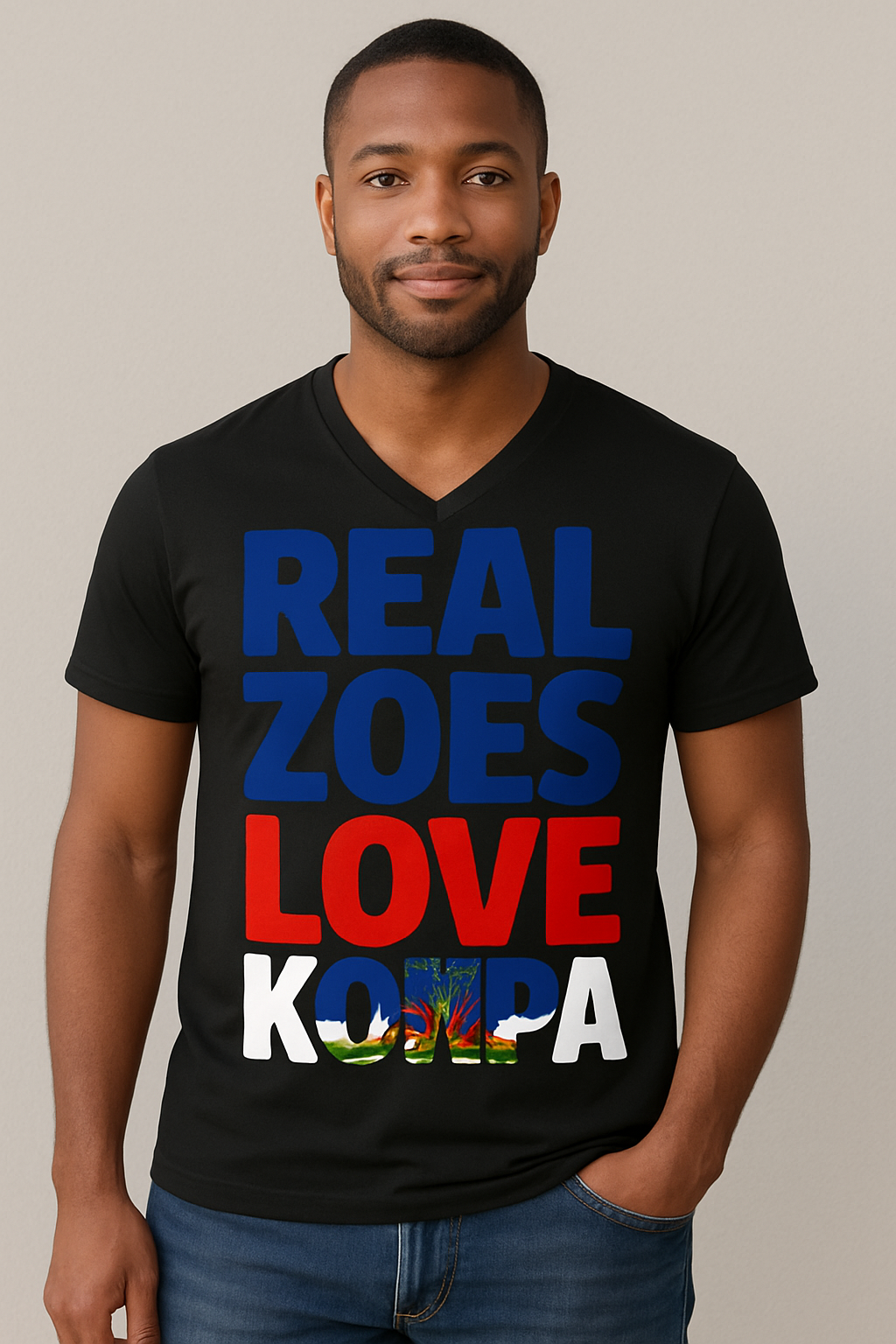 Real Zoes Love Konpa – Organic V-Neck Tee